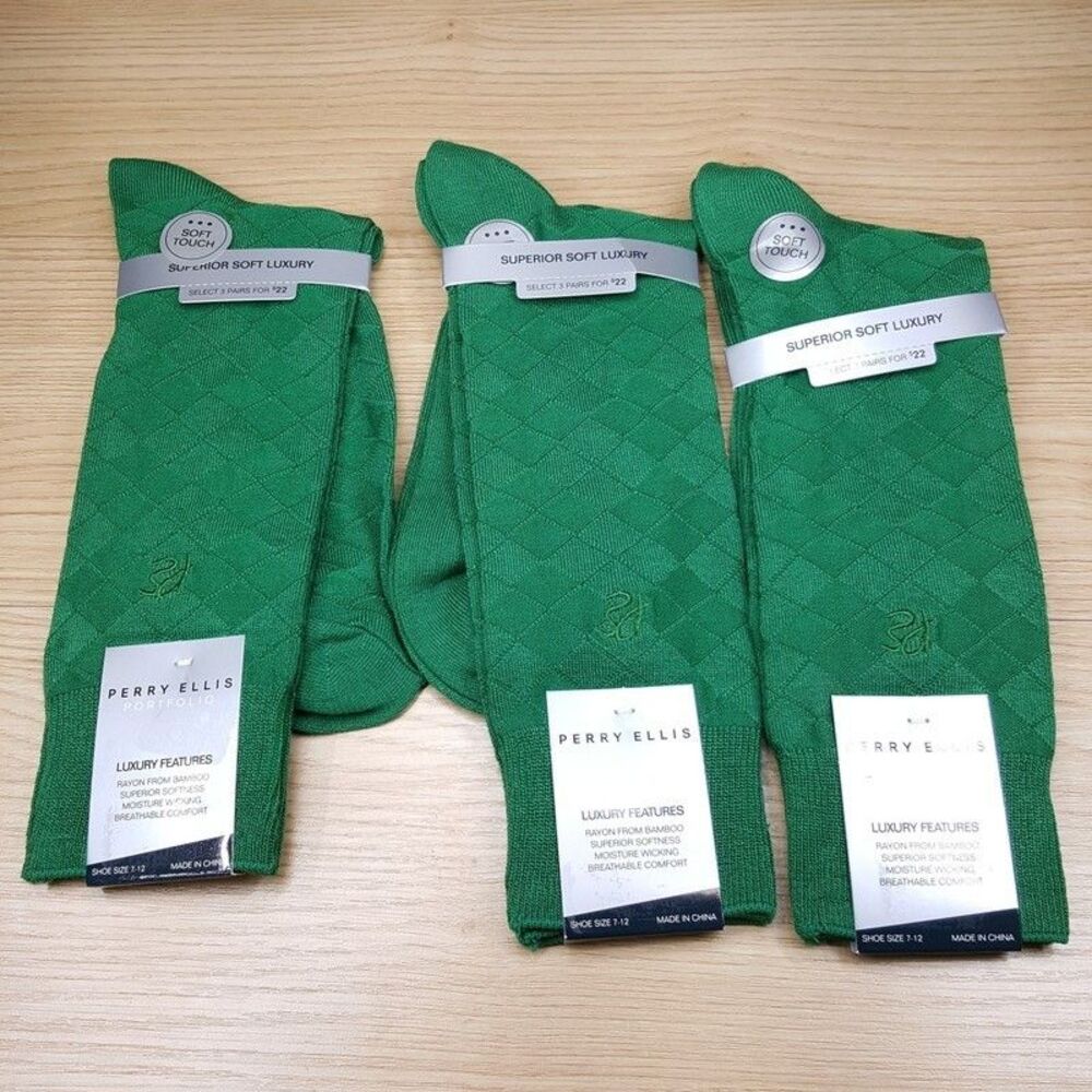 PERRY ELLIS Crew Dress Socks Green 3-Pack Diamond Check Solid Rayon Bamboo